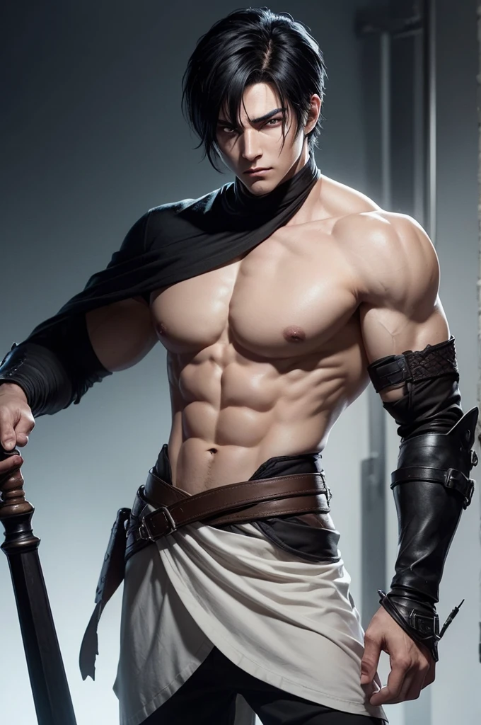 An RPG character with the following characteristics Tall Strong Short black hair Of human race Male White skin color Wears bandages on his hands Scar on his right eye Burn on his left forearm