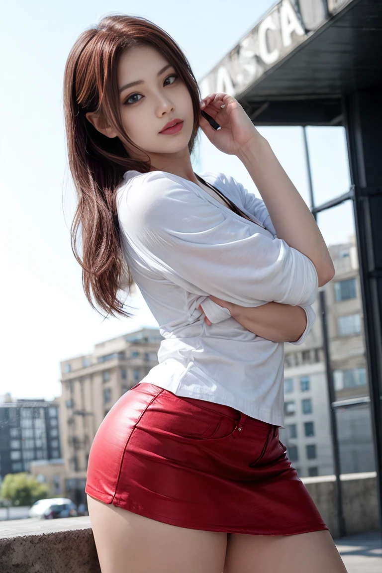 Claire Redfield from Resident Evil, posing seductively to viewer, solo:1, pov, beautiful thighs, front view
Sunny city background, long hair, 3/4 body, v neck shirt and mini skirt
