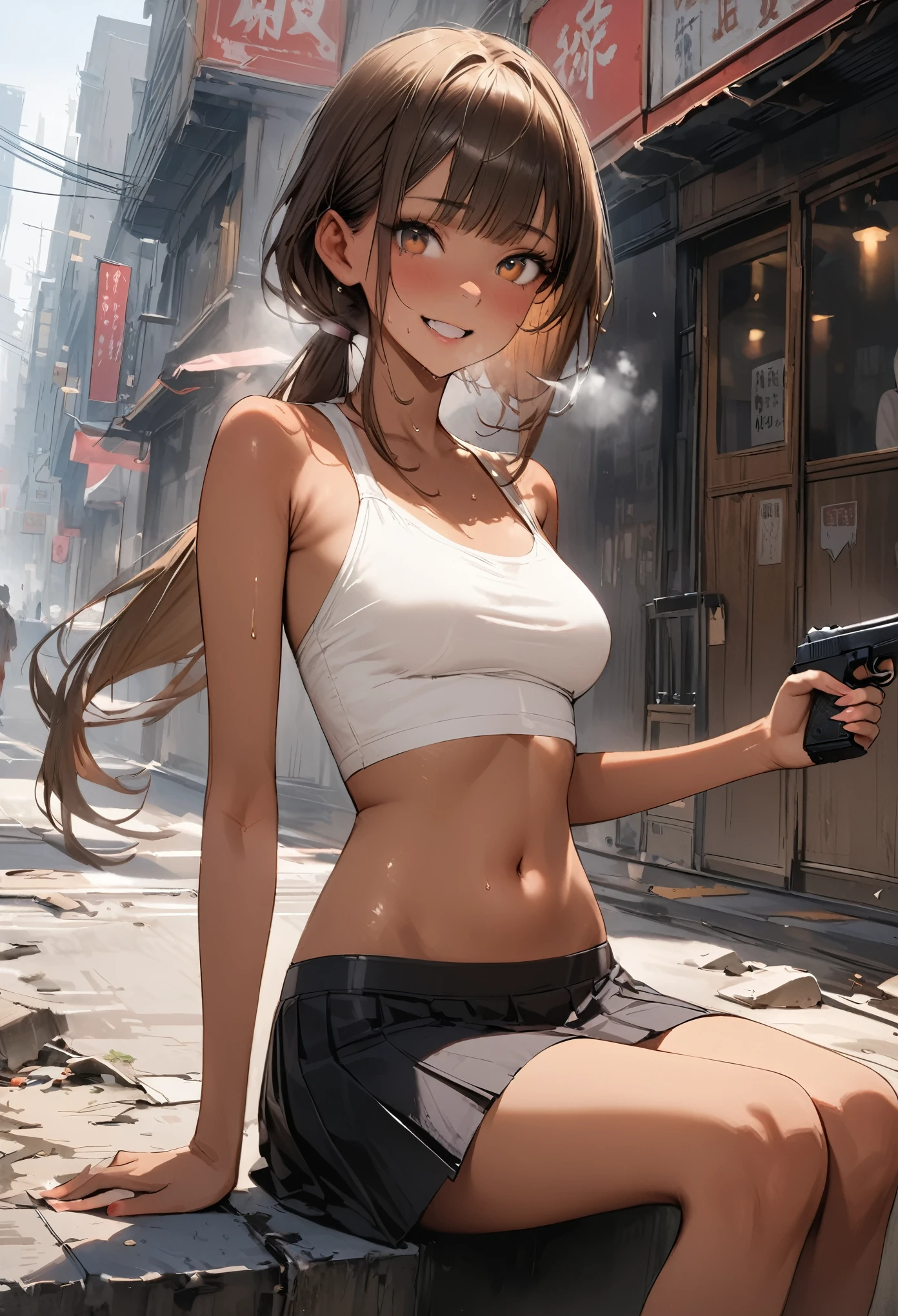 ((masterpiece,Highest quality:1.3,best quality illustration)),(realistic),cowboy shot,独奏,1woman,25 year old beauty,brown hair,(low ponytail hair),long hair,bangs,brown eyes,(gorgeous big eyes),((very small head:1.3)),A strong smile、Heavy breathing,((very long body:1.2,skinny)),((tan skin:1.4)),medium breasts,White tube top shirt、navel,Black pleated mini skirt,((Holding a handgun in your hand)),gleaming skin,slender body,sweat,sitting,on street,Collapsed Buildings、New York City、Resident Evil World、