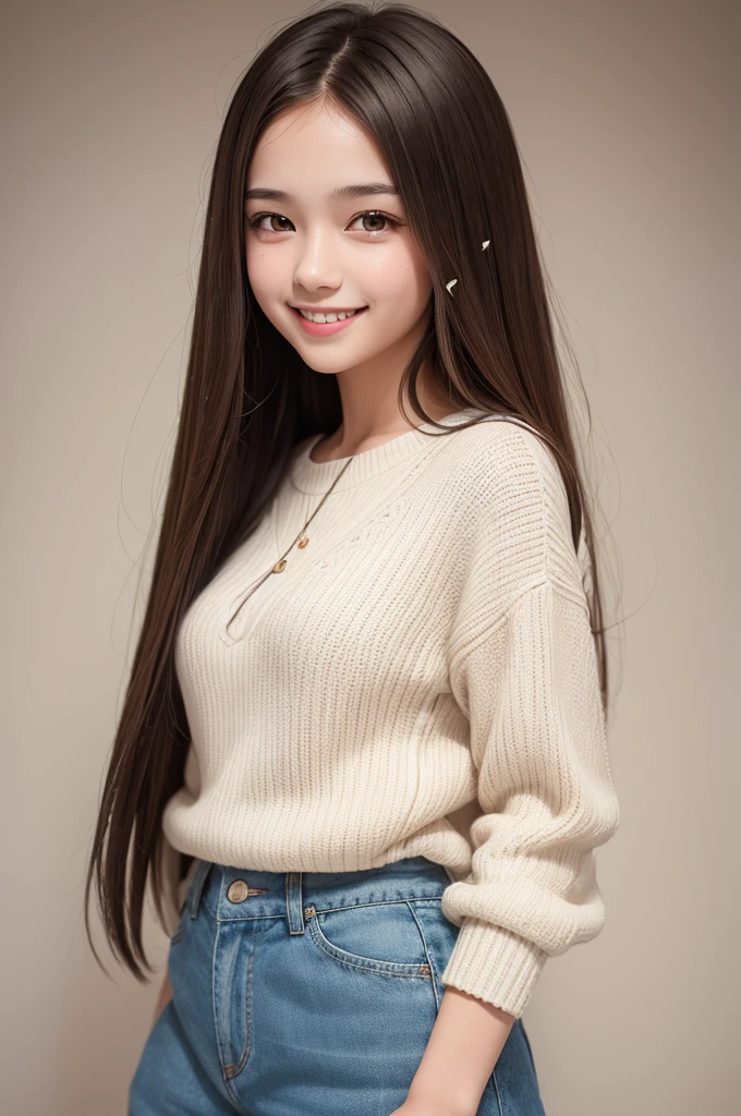 

Teen girl, Big brown straight hair, friendly smile, alone, colorful illustration, Neutral Colors, soft lighting, high qualiy (4K), Focused attention, detailed facial features, expressive eyes, black and white casual outfit, lookism art style,