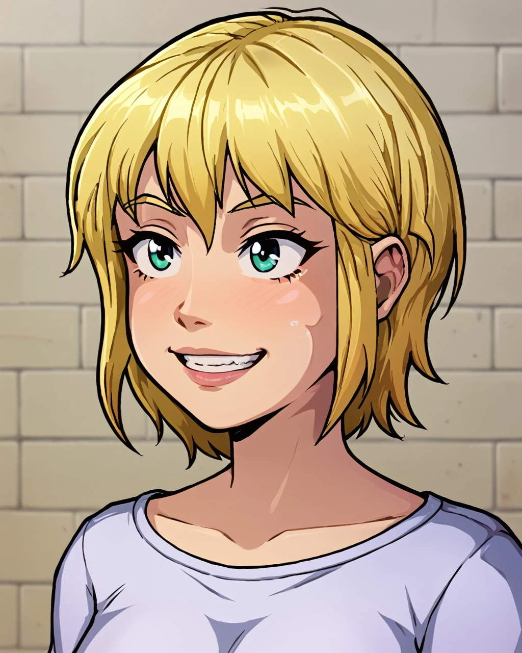 girl making dump face short blonde hairs