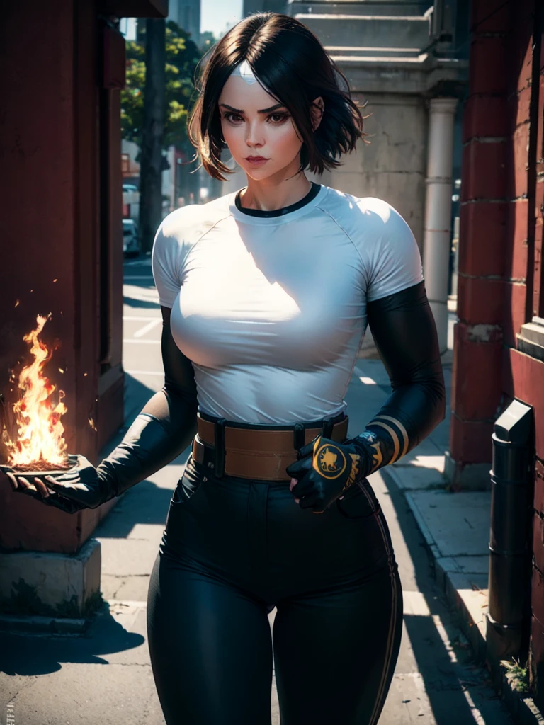 30-year-old woman, alone, alone, athletic, dark hair, white band on forehead, white t-shirt, open black jacket, black pants, thin brown belt, wears black exercise gloves that cover almost her entire forearm, serious look looking to the viewer, fire in a hand, cinematic, ultra sharp focus, award winning photography, perfect contrast, high sharpness, depth of field, ultra detailed photography, global illumination, fluid, ultra high definition, 8k, Unreal Engine 5, ultra sharp focus, photography award-winning, art season trends,