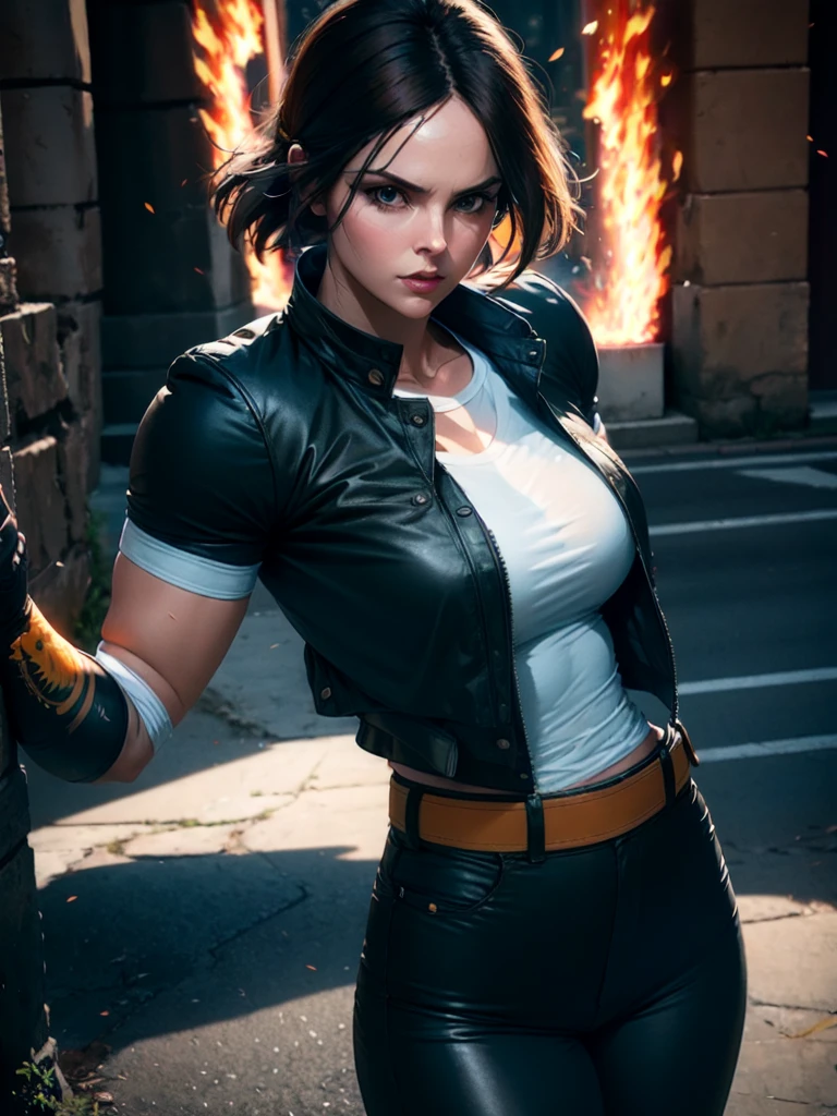 30-year-old woman, alone, alone, athletic, dark hair, white band on forehead, white t-shirt, open black jacket, black pants, thin brown belt, wears black exercise gloves that cover almost her entire forearm, serious look looking to the viewer, fire in a hand, cinematic, ultra sharp focus, award winning photography, perfect contrast, high sharpness, depth of field, ultra detailed photography, global illumination, fluid, ultra high definition, 8k, Unreal Engine 5, ultra sharp focus, photography award-winning, art season trends,