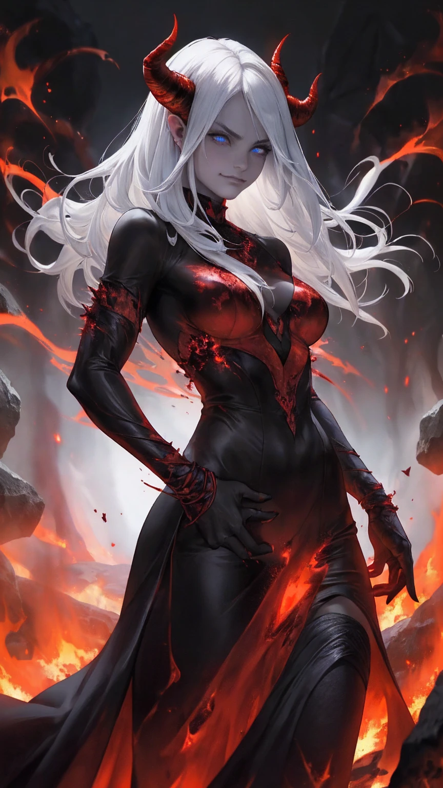 (The best quality,A high resolution,Ultra - detailed,actual),(demonic woman:1.1), blood, VISCERA, blood, war, death, hell,fiery atmosphere,ominous,scorching heat,red hot flames,devilish beauty,satanic presence,bright red eyes,gloomy shadows,dark abyss,burning souls,demonic figures,fiery wings,aura terrible,tormented spirits,tortured souls,molten lava,powerful energy,dark powers, hellscape,eternal damnation,twisted horns,demonic laughter,intense heatwave,sulfurous smoke,dark magic,enchanted fire,evil look,burning tendrils,intense heat,hell ardiente,threatening presence,supernatural screams,devilish smile,dancing flames,ominous glow,(beautiful blue eyes), (black big stones background:1.4) , (cowboy pose ), (Realistic) ,High quality 8K detailed art, Fanart Mejor ArtStation, Fantasy art style ,