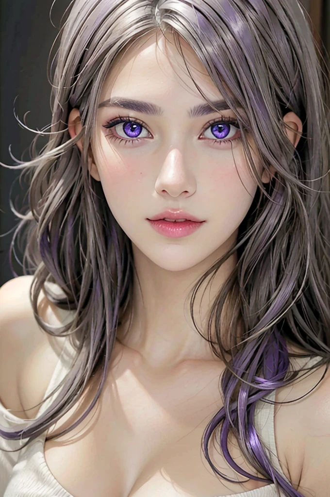 A stunningly lifelike portrait captures a 32-year-old girl with light shiny purple eyes and beautiful European features. girl have shiny, healthy and volumous white hair. Dangerous, sexy, 