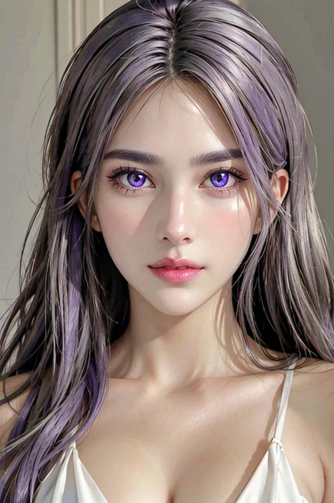 A stunningly lifelike portrait captures a 32-year-old girl with light shiny purple eyes and beautiful European features. girl have shiny, healthy and volumous white hair. Dangerous, sexy,