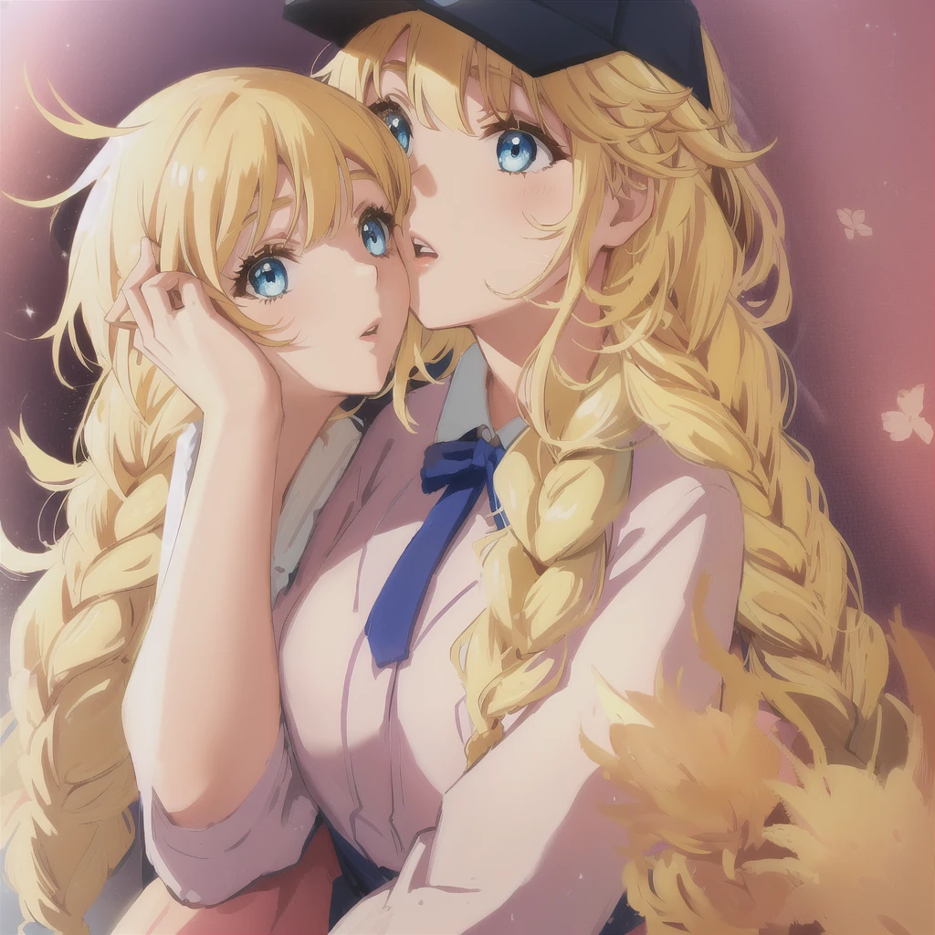 Eiko Tsukimi, blue eyes, braid, twin braid,(((blonde hair))),(baseball cap)