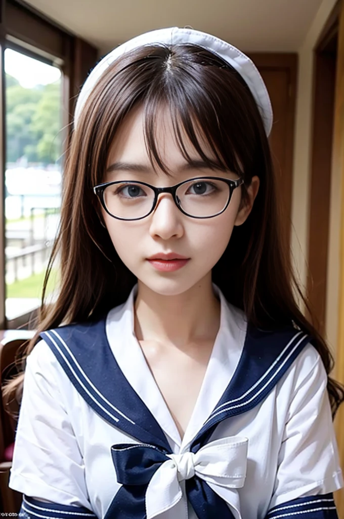 (Tabletop, Highest quality:1.2), 8k, Glasses、Official Art, RAW Photos,  (Upper Body, Sailor suit,:1.4), beautiful girl, Idol&#39;s face, Pleated skirt, ,  Big Breasts　Short sleeve,  Cinema Lighting, Detailed face, Background blur, 1 girl