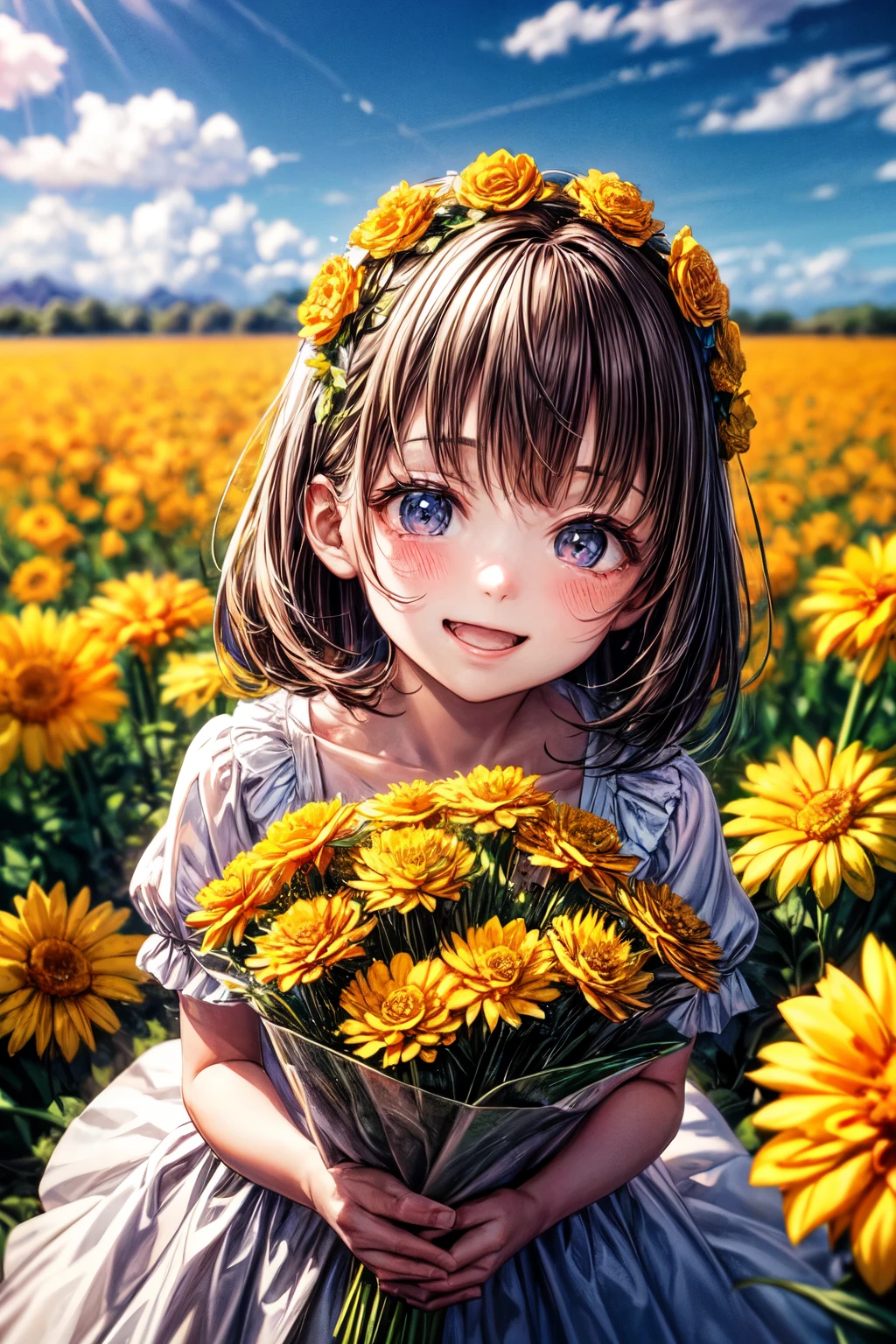 {Lowest Quality, Low Quality)}, A girl around 5 years old, wearing a white dress, is looking at me with a huge smile and her chin resting on her chin. She has a flower crown made of marigolds on her head. The background is a field of marigold flowers and a clear blue background. Sky, Must-Have, Best Quality, Super Detailed,