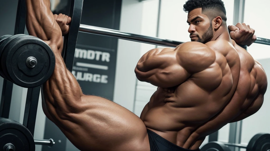 Create a high-quality image of a giant bodybuilder highlighting the hamstrings. The image must show a male bodybuilder, extremamente musculoso, in a pose that highlights the hamstrings, such as a back pose or performing an exercise that involves the hamstrings. The thigh muscles must be extremely defined and prominent, with a facial expression of strength and concentration. The background should be a modern gym or neutral setting, slightly blurred to highlight the main subject