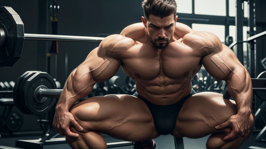 Create a high-quality image of a giant bodybuilder highlighting the hamstrings. The image must show a male bodybuilder, extremamente musculoso, in a pose that highlights the hamstrings, such as a back pose or performing an exercise that involves the hamstrings. The thigh muscles must be extremely defined and prominent, with a facial expression of strength and concentration. The background should be a modern gym or neutral setting, slightly blurred to highlight the main subject