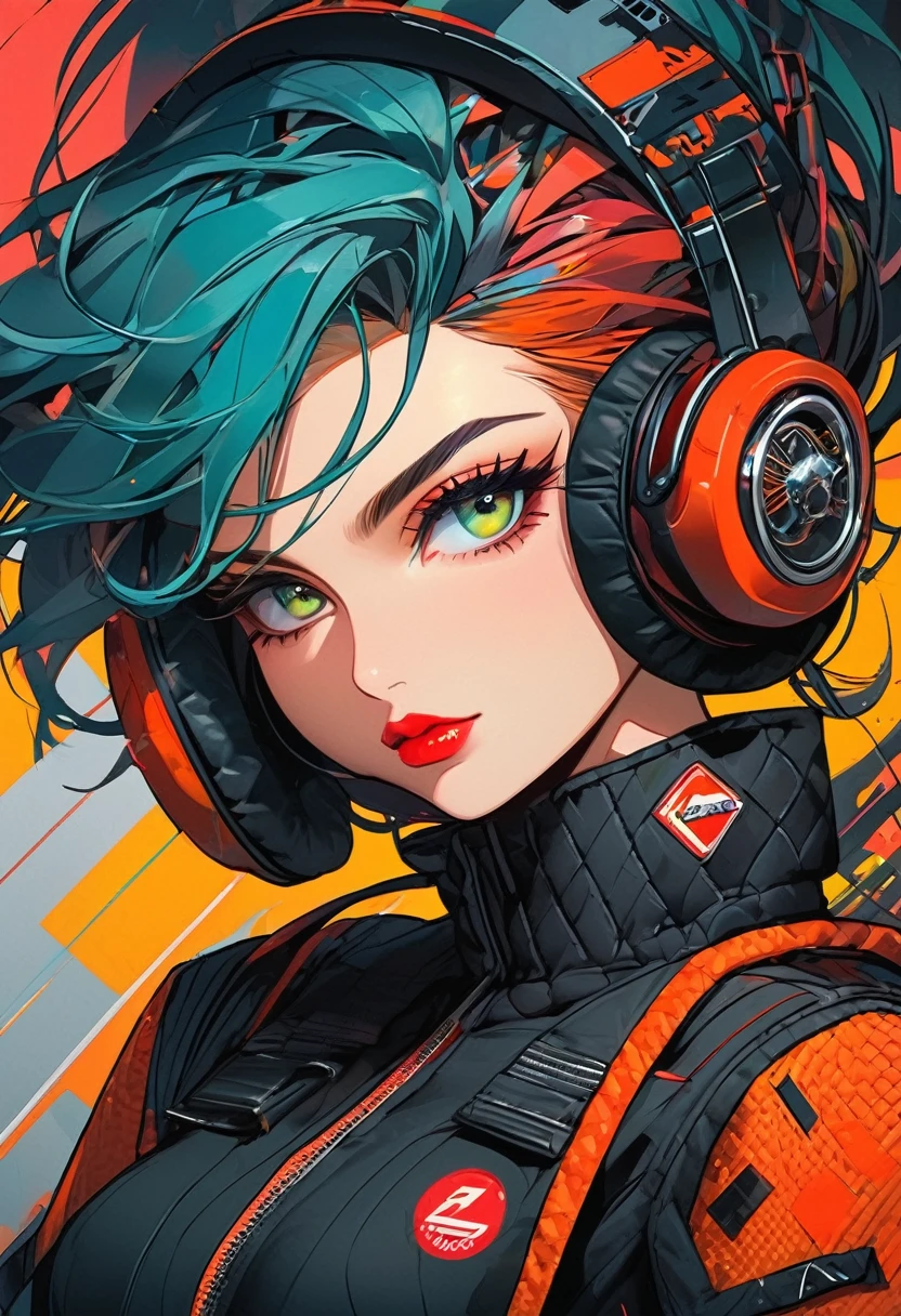 A young and very sexy and beautiful adult woman with large green eyes, long Blue hair and heavily inspired in cyberpunk art. Impeccably make up with red lipstick, dark eyeshadow accentuating her bright eyes. She's dressed in an racing automobilist suit. Sporting large, colorful headphones, she giving a side look tô the camera. The background is just a black canvas.