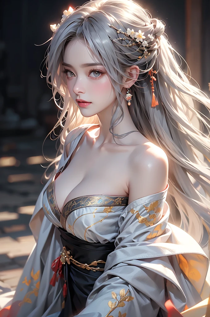 ((Above the knees image:1.3、stand))super high quality, masterpiece, Perfect illustration, Very detailed (Exquisite light and shadow, Very dramatic photo,Backlight) , ((Gray Hair:1.5))1 Girl,(( alone:1.6)), (Wearing Han clothes, Black Hanfu,Monotony,Long sleeve、Gorgeous costumes、Highly decorated Hanfu) Flower Field, Flowers, (White smoke:1.3) (Realistic:1.4), Zen Intertwining, Tangled, Official Art, unity 8k wallpaper, Very detailed, Beautiful and beautiful, masterpiece, Highest quality, (Dynamic Angle: 1.4), Glowing Skin, (Floating colorful flashes: 1) The most beautiful chaotic shapes, elegant, Brutalist Design, Bright colors, Romantic Depth of Field Exotic_dance, half_naked、Expose your shoulders、Ample breasts、Great cleavage、Dynamic pose、Backlight,
