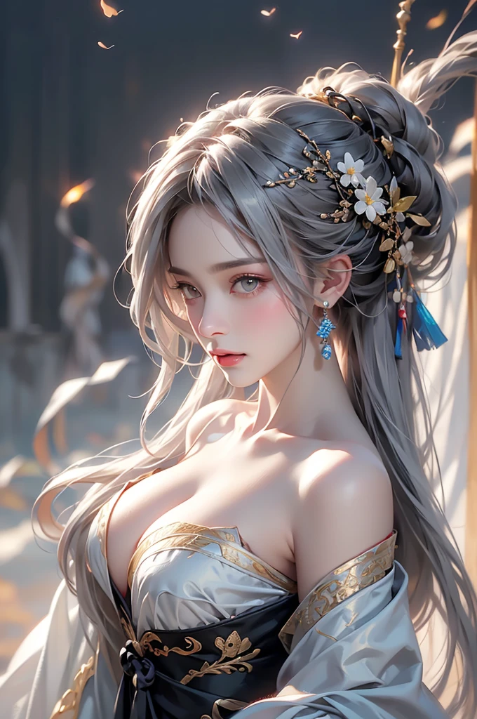 ((Above the knees image:1.3、stand))super high quality, masterpiece, Perfect illustration, Very detailed (Exquisite light and shadow, Very dramatic photo,Backlight) , ((Gray Hair:1.5))1 Girl,(( alone:1.6)), (Wearing Han clothes, Black Hanfu,Monotony,Long sleeve、Gorgeous costumes、Highly decorated Hanfu) Flower Field, Flowers, (White smoke:1.3) (Realistic:1.4), Zen Intertwining, Tangled, Official Art, unity 8k wallpaper, Very detailed, Beautiful and beautiful, masterpiece, Highest quality, (Dynamic Angle: 1.4), Glowing Skin, (Floating colorful flashes: 1) The most beautiful chaotic shapes, elegant, Brutalist Design, Bright colors, Romantic Depth of Field Exotic_dance, half_naked、Expose your shoulders、Ample breasts、Great cleavage、Dynamic pose、Backlight,
