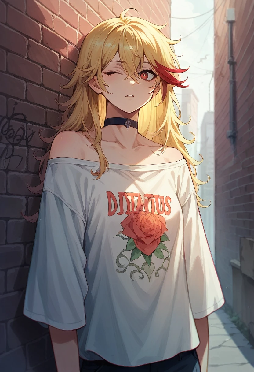 Ultra-realistic 8K CG, masterpiece, ((Highly detailed background, Delicate pattern, Intricate details)), highest quality, Intricate detailss, chromatic aberration, One girl, Long Hair, Blonde, Messy Hair, Red highlights, Hair on one eye, Sharp eyes, choker, Brick wall, graffiti, Dim lighting, alley, Oversized shirt,Off the shoulder, Sheer white shirt, masterpiece, highest quality