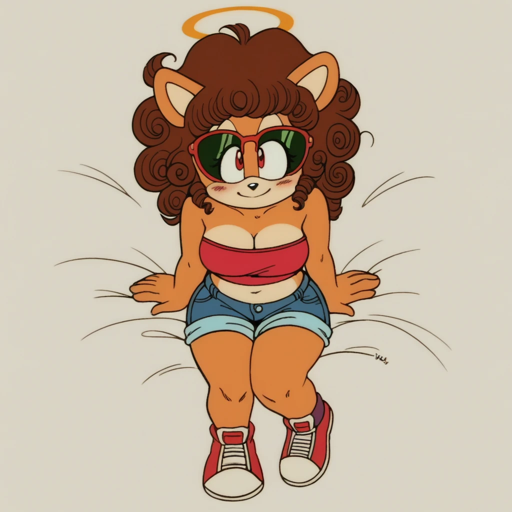 score_9, score_8_up, solo, mobian, hedgehog, two-tone fur ((orange fur, brown fur)), pyjama elastic shorts, strapless crop top, cleavage, high-top sneakers, two-tone hair (brown hair, black tip)), curly hair, halo, sunglasses, jewelry, red eyes, longeyelashes, red eyes, smile, shy, blush