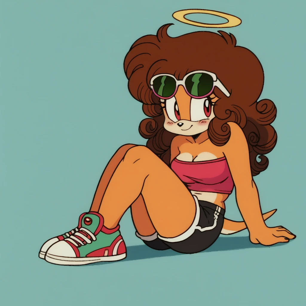 score_9, score_8_up, solo, mobian, hedgehog, two-tone fur ((orange fur, brown fur)), pyjama elastic shorts, strapless crop top, cleavage, high-top sneakers, two-tone hair (brown hair, black tip)), curly hair, halo, sunglasses, jewelry, red eyes, longeyelashes, red eyes, smile, shy, blush