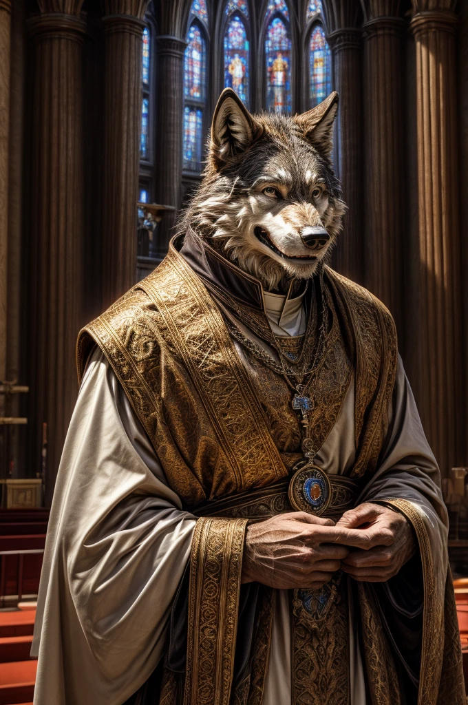 wolf, male, all body, realistic, priest, elderly, smile, church,