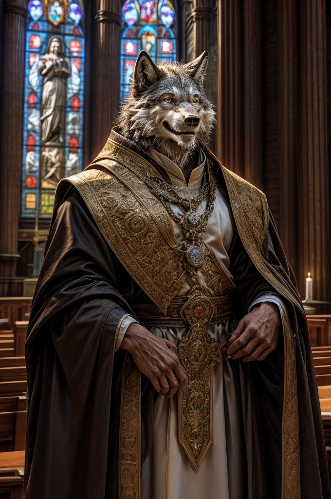 wolf, male, all body, realistic, priest, elderly, smile, church,