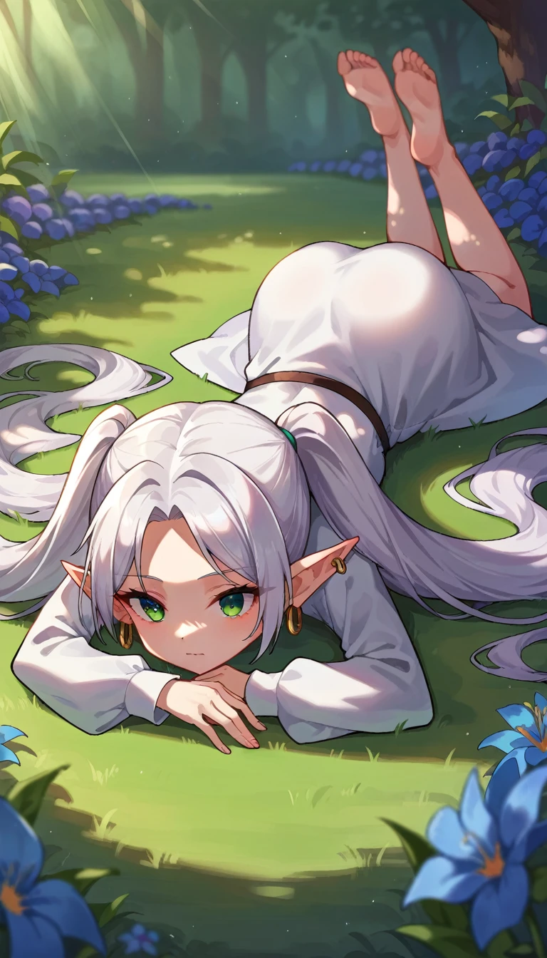 score_9, score_8_highly, score_7_highly, score_6_highly, BREAK-Those Souls, Subscribe to, freeze, 1 girl, alone, pointy ears, green eyes, Twin tails, very long hair, ear rings, white cape, long sleeve, White dress, closed mouth, parted bangs, white hair, blue flowers, Green, outside, Dappled sunlight, Full body, lie down, on stomach, depth of field
