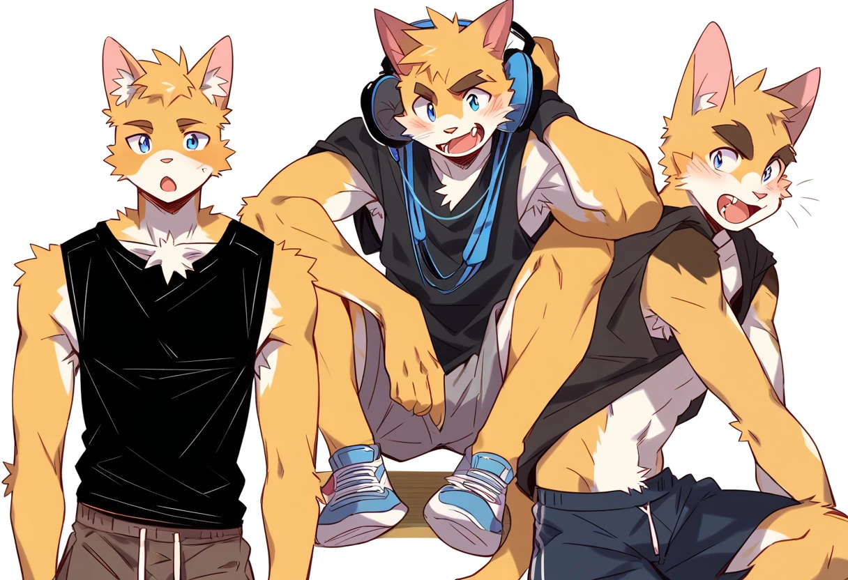 score_9, score_8_up, score_7_up, male, furry, high quality, hires, anthro, , 16 yearsic cat, basketball player, bright yellow fur, blue eyes, wide brown eyebrows, excited expression, humanoid feet, slim body, prominent v-line, prominent abs, prominent legs, prominent forearm, prominent knees, white background, treasure trail, armpit hair, furry legs, in various sexy poses, headphon casual clothes, joggers, black shirt, shorts, showing off, folded arms