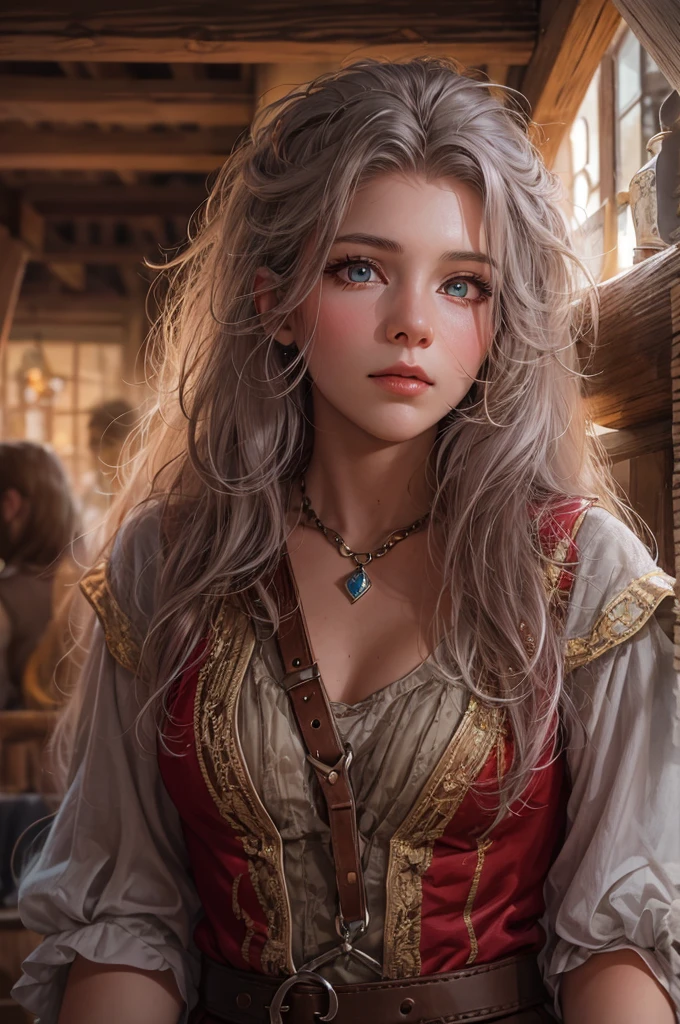 a highly detailed, photorealistic 8K image of a beautiful young woman with long, curvy, messy silver hair and ruby eyes, set in a fantasy bistro scene, award winning, high resolution