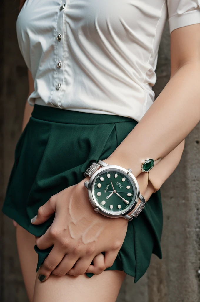 Dark green dail of analog watch with silver body with white silicon strap on wrist