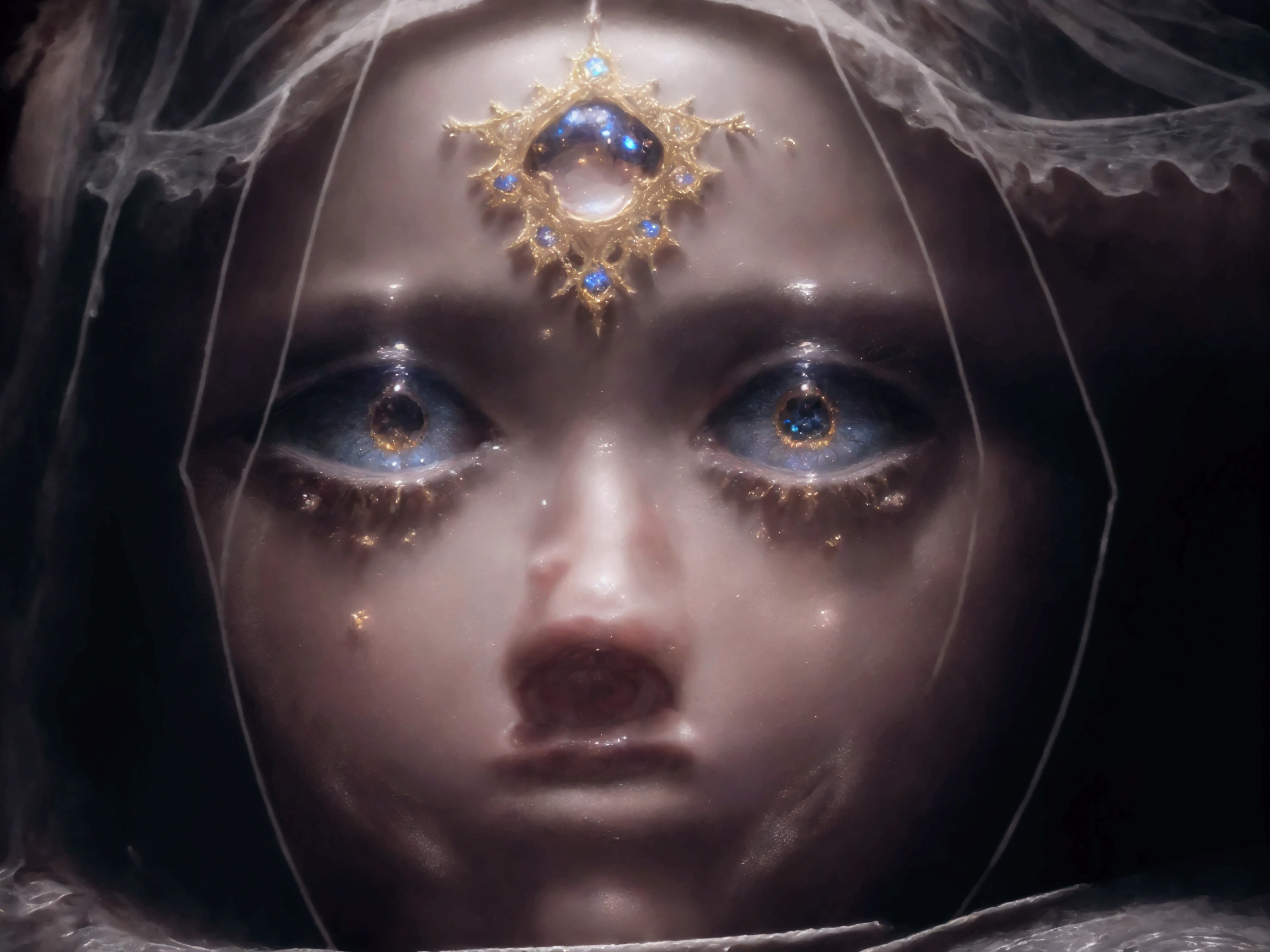 girl with a worried look, looking at the heavenly reflection, beautiful detailed eyes, beautiful detailed lips, extremely detailed face and facial features, long eyelashes, middle: oil painting, intricate celestial pattern, dramatic lighting, moody atmosphere, (Best quality,4K,8 K,a high resolution,masterpiece:1.2),ultra detailed,(realistic,photorealistic,photo-realistic:1.37),cinematic composition, dramatic lighting светотеней, bright colors, glowing celestial elements