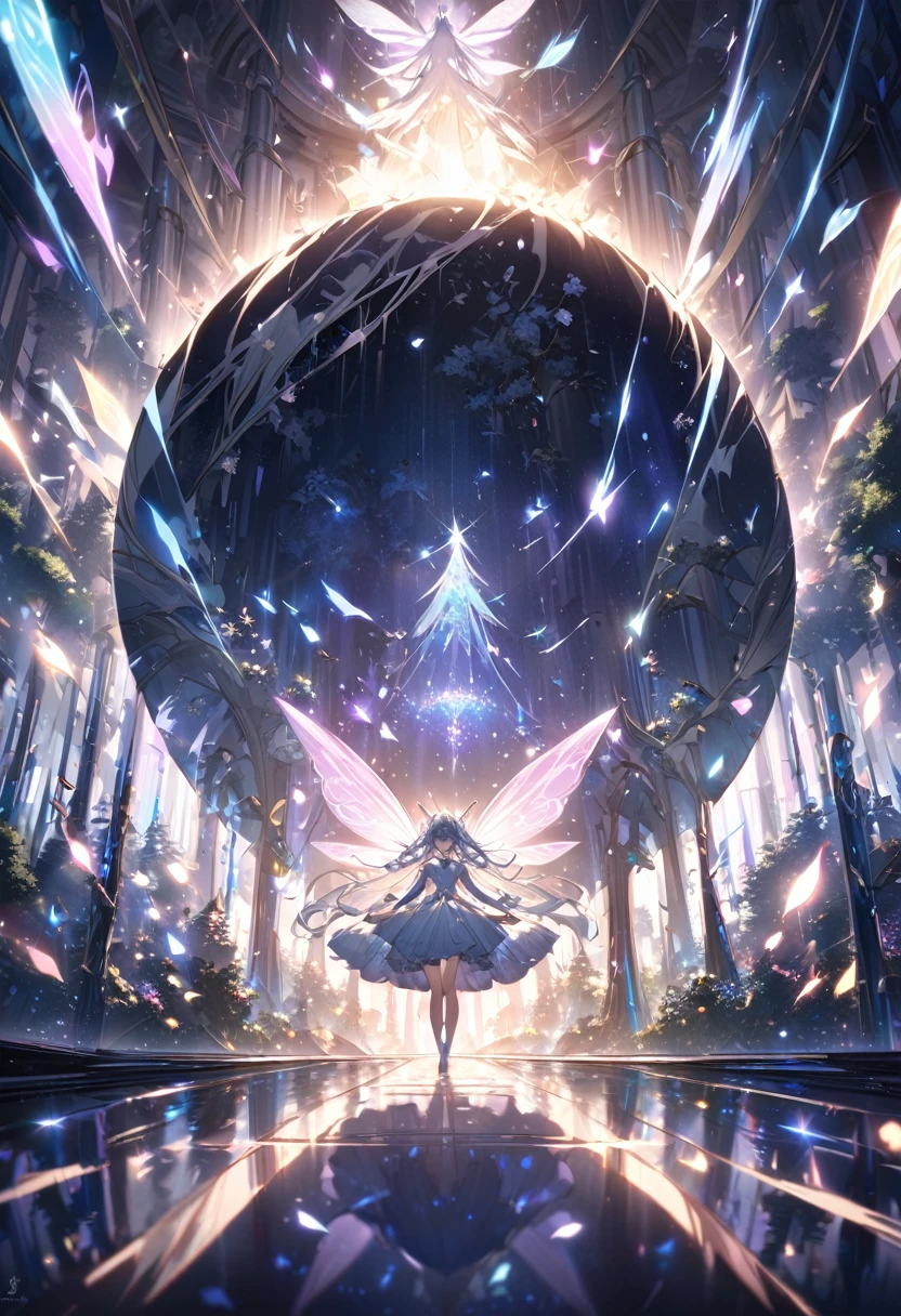 masterpiece, 1 Fairy, Flying fairy girl, Perfect Face, Light, Glass Tree Forest, Dramatic lighting, Blindfold, Super detailed, floating glow Lights, Depth of written boundary, (Shining Dust)