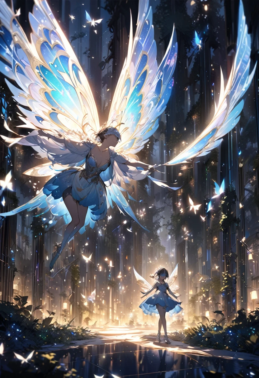 masterpiece, 1 Fairy, Flying fairy girl, Perfect Face, Light, Glass Tree Forest, Dramatic lighting, Blindfold, Super detailed, floating glow Lights, Depth of written boundary, (Shining Dust)