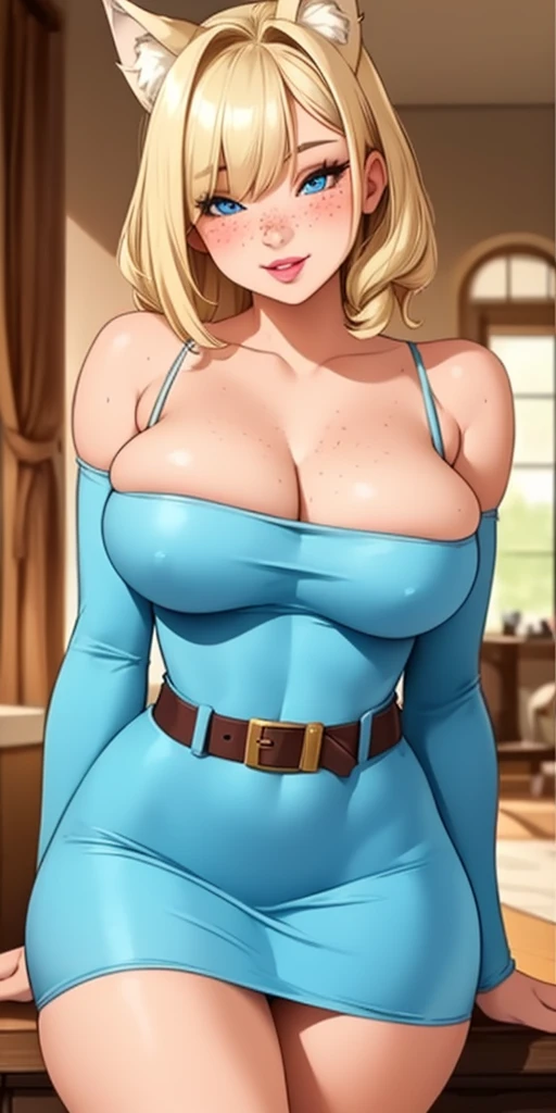 Beautiful round medium breasts, 1girl, ((blonder hair, bangs cover the eyes)) ((wolf girl, cute girl face)) light blue eyes, has an beautiful sensual body with freckles, with full breasts and thin waist, HIP HOP Beautiful and cute colorful fuzzy dress, women's belt, long sleeve strap, strap fabric delicate, has a bold appearance. young, quality, realistic, best quality, cute expression, pink lipstick lips, Cute smile, leaning, in the beautiful room