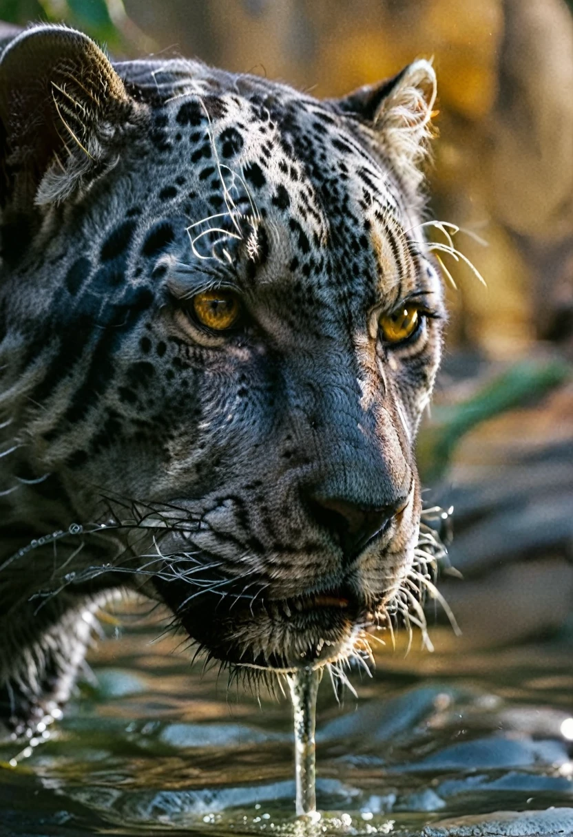 detailed portrait gray panther drinking water, in greyish environment, highlighted yellow eyes, majestic, highly detailed, photorealistic, 4k, best quality, ultra-detailed, dramatic lighting, cinematic, moody atmosphere, powerful presence, muscular feline form, graceful movements, captivating gaze, striking visual impact