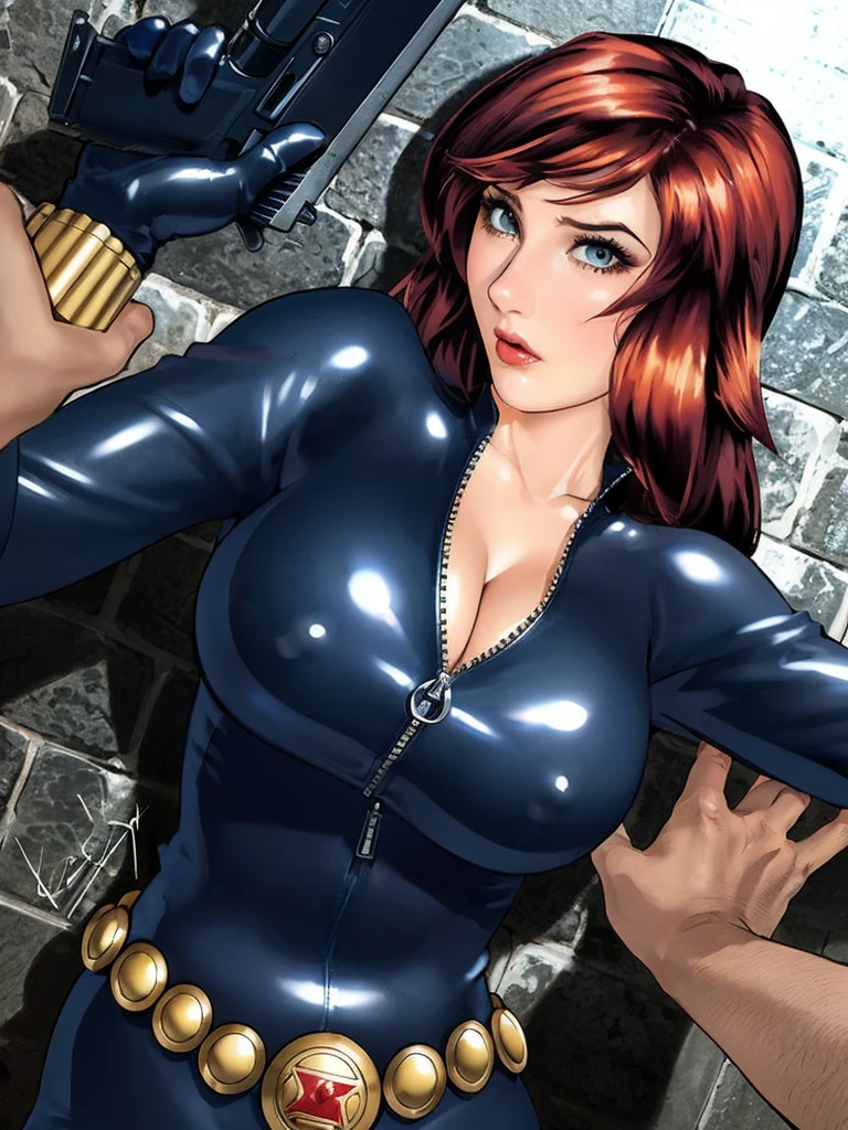 The image is a digital illustration of a woman with red hair, wearing a sleek skin-tight shiny blue latex bodysuit with a deep-cut zipper neckline revealing a large chest, the zipper running down the front. Her body is curvy, and she is brandishing a gun in her right hand. Her left hand is also visible with spread fingers resting against her hip. Her bodysuit is detailed with a belt. The gun she is holding has a distinctive design detail. The background of the image features a brick wall.