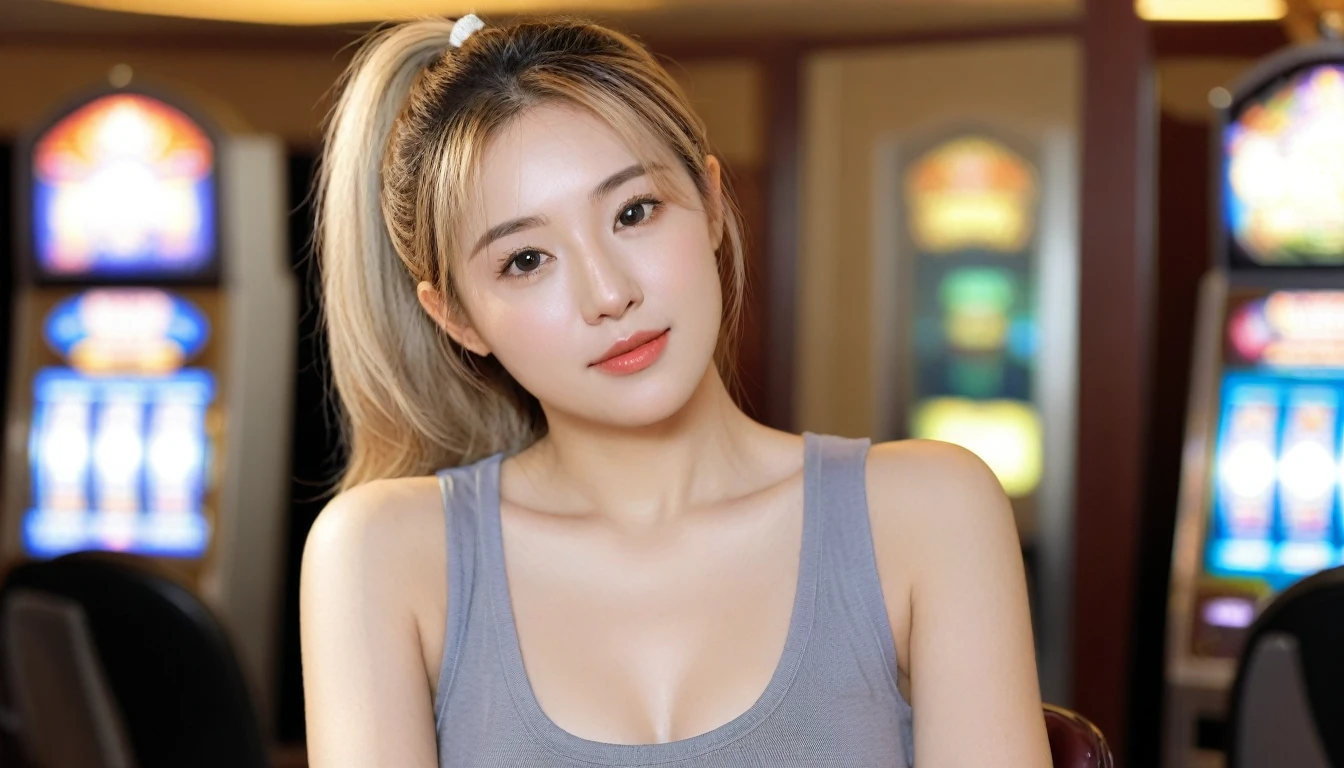 Close-up photo of a beautiful Korean woman, Bust size 34 inches, blonde high ponytail, Wear a gray tank top., เล่นสล็อตIn casinos, sunlight, bokeh background, UHD, sit  (random background,In casinos,VIP casino room, Modern Casino Console, Modern Slot Machines )