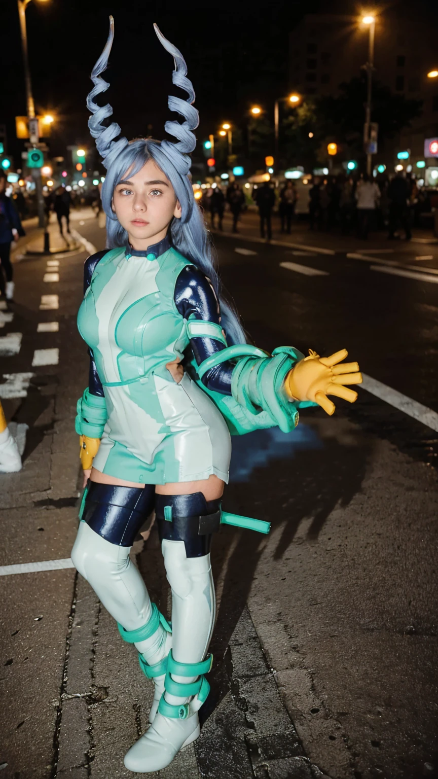 Masterpiece, Best quality, (photorealistic1.4), (UHD), (big breast), (flashphoto), (flash photography), (cleavage), (European model), (young woman), (JenniferConnelly90), (Tokyo Street), (epiCRealLife:1.0), (night time), (Nejire latex bodysuit), 1girl, solo, long hair, blue eyes, (blue hair), (hair bangs), (drill hair, twin drills), (Nejire Hairstyle), hair horns, very long hair , light blue hair, (Nejire Yellow gloves), (look at viewers), (Nejire demure), (from side), (close up)