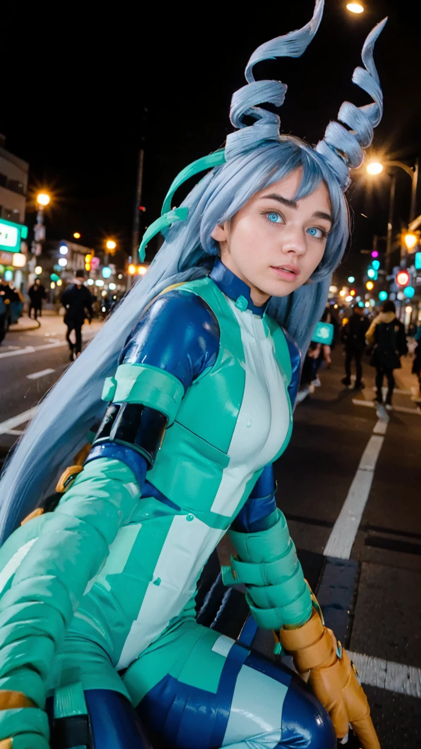 Masterpiece, Best quality, (photorealistic1.4), (UHD), (big breast), (flashphoto), (flash photography), (cleavage), (European model), (young woman), (JenniferConnelly90), (Tokyo Street), (epiCRealLife:1.0), (night time),  (Nejire latex bodysuit), 1girl, solo, long hair, blue eyes, (blue hair), (hair bangs), (drill hair, twin drills), (Nejire Hairstyle), hair horns, very long hair , light blue hair, (Nejire Yellow gloves), (look at viewers),  (Nejire demure), (from side), (close up)