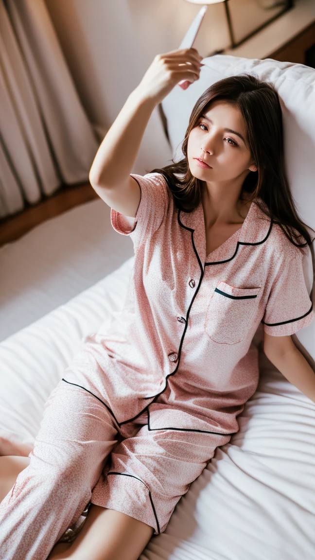 Best quality, Masterpiece, Ultra high resolution, (Photorealistic: 1.4), Raw photo, 1 girl, (Masterpiece, Best quality: 1.2), (1 woman, sleepy, sitting, slim waist, pajamas, light clothing), (Half Japanese, half Russian, double eyelids, white skin), (On bed, selfie, own room), Soft focus, Blur background,