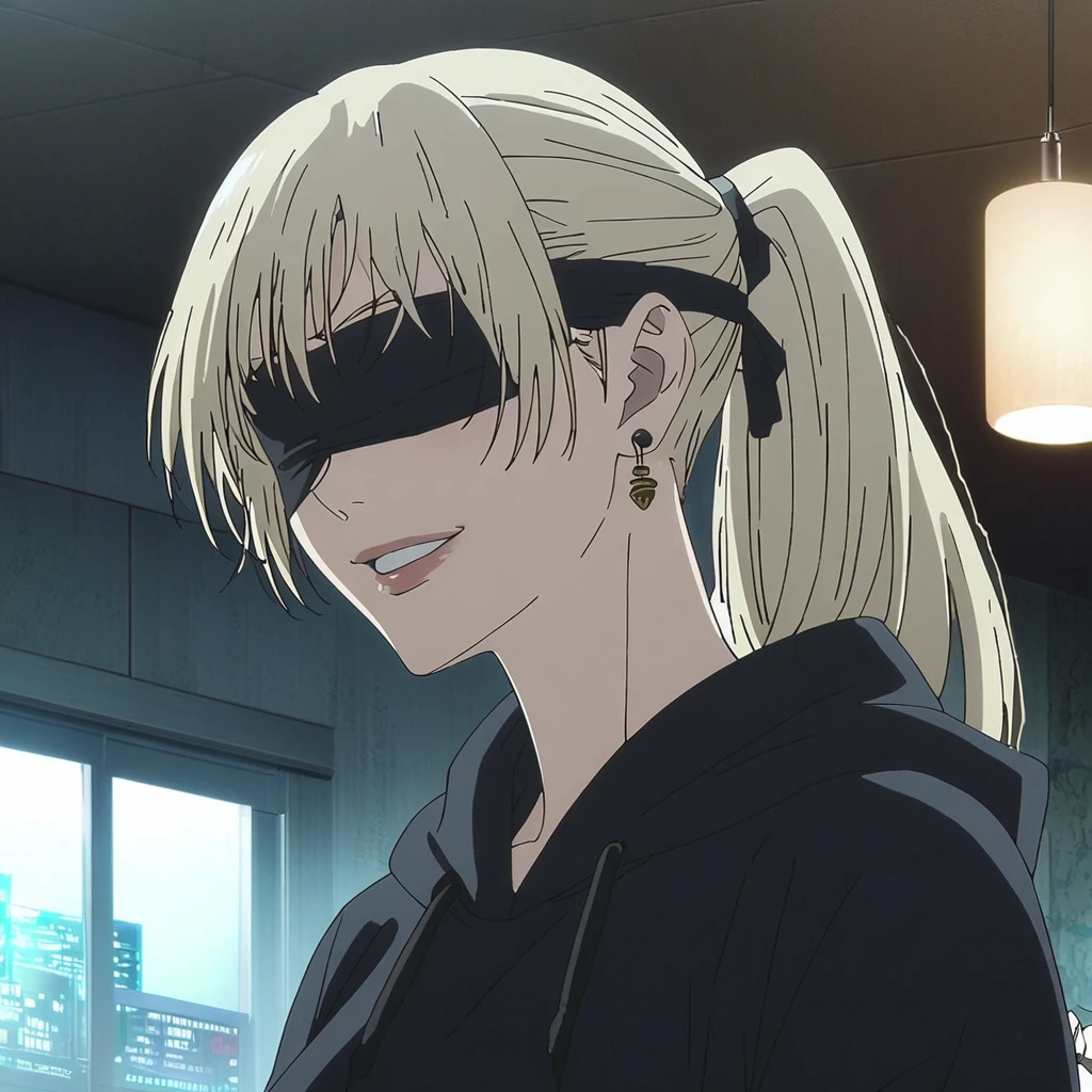 1girl, female gojo satoru, anime screencap from jujutsu kaisen, gojo satoru female version, solo, long_hair, ((wearing black blindfold)) ((White_hair,  ponytail)), night view, (hanging breasts) upper_body, smile, indoors, book, lips, (long hair) ((wearing black colour hoodie )) breast, "very detailed and high resolution" (black blindfold) ((solo)) (((front view))) (earings) ((high resolution)) ((good quality)) ((silky hair, ponytail)) 