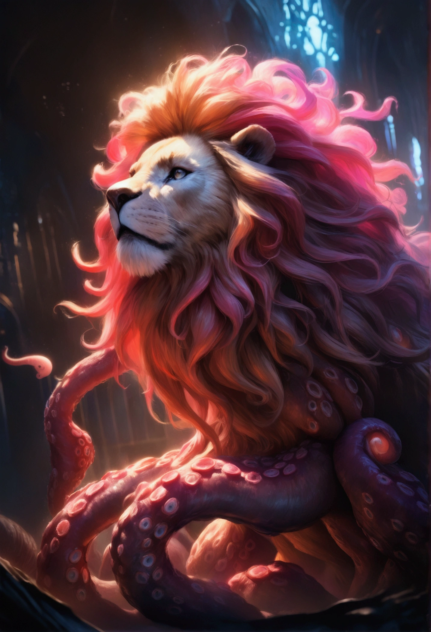 octopus lion, detailed octopus lion hybrid creature, intricate anatomical details, cinematic lighting, dramatic poses, fantasy concept art, award winning digital art, vibrant colors, seamless blending of organic forms, photorealistic, 8k, best quality, highly detailed