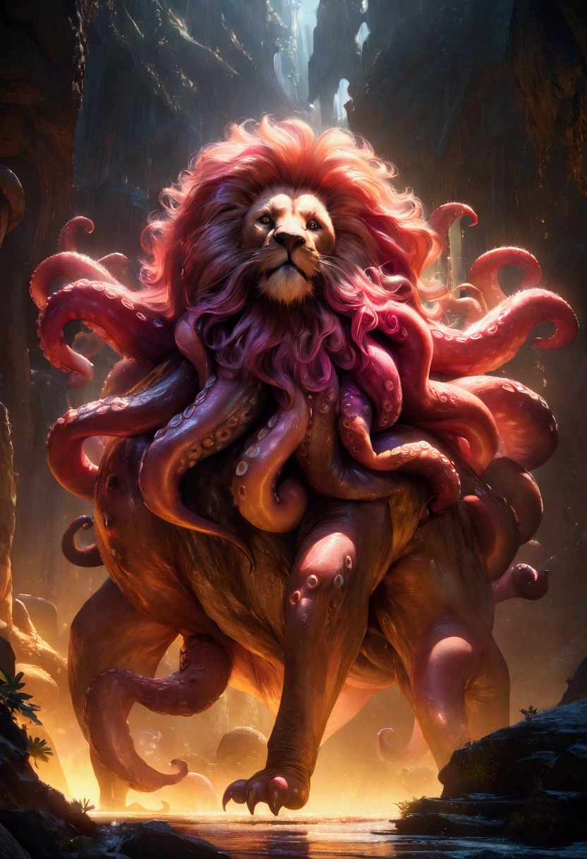 octopus lion, detailed octopus lion hybrid creature, intricate anatomical details, cinematic lighting, dramatic poses, fantasy concept art, award winning digital art, vibrant colors, seamless blending of organic forms, photorealistic, 8k, best quality, highly detailed