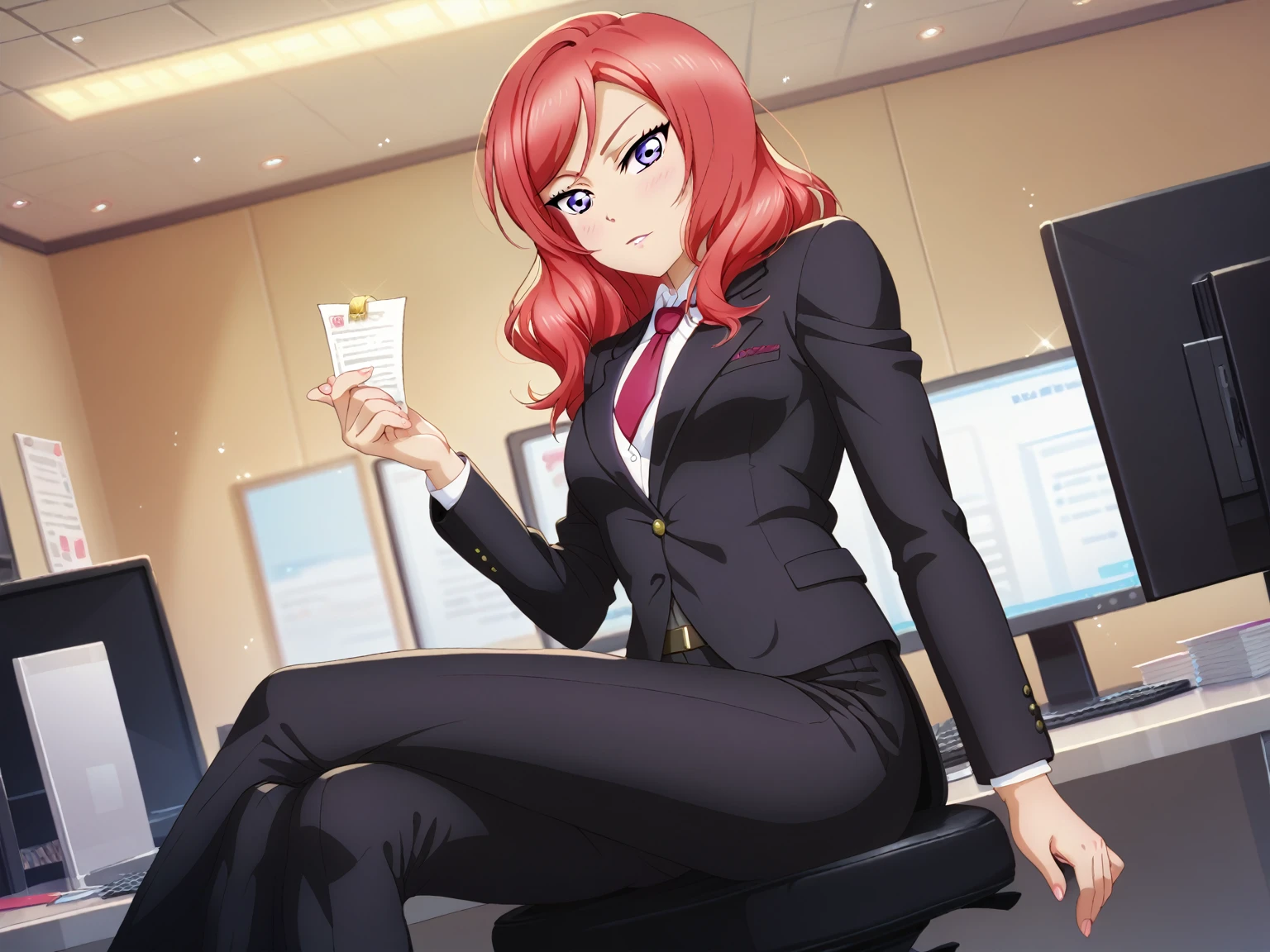 masterpiece, best quality, cowboy shot, nishikino maki,red hair, purple eyes, black formal suit, pants, sitting , crossed legs ,neck tie, Sexual seduction, sexualised ,in office , from view 