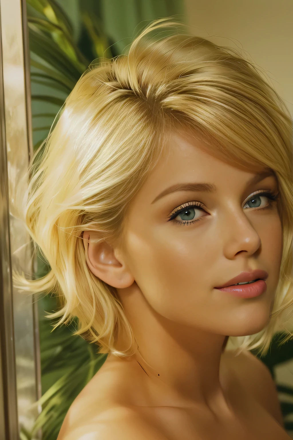 Full body image of a blonde woman with green eyes and a short haircut posing for a picture, blonde hair and green eyes, blonde hair green eyes, blonde short hair, short blond hair, short blonde hair, blond hair green eyes, blonde and attractive features, a gorgeous blonde, green eyes and blond hair, short wavy blond hair, a girl with blonde hair, beautiful blonde girl.  Naked, sitting on a bed