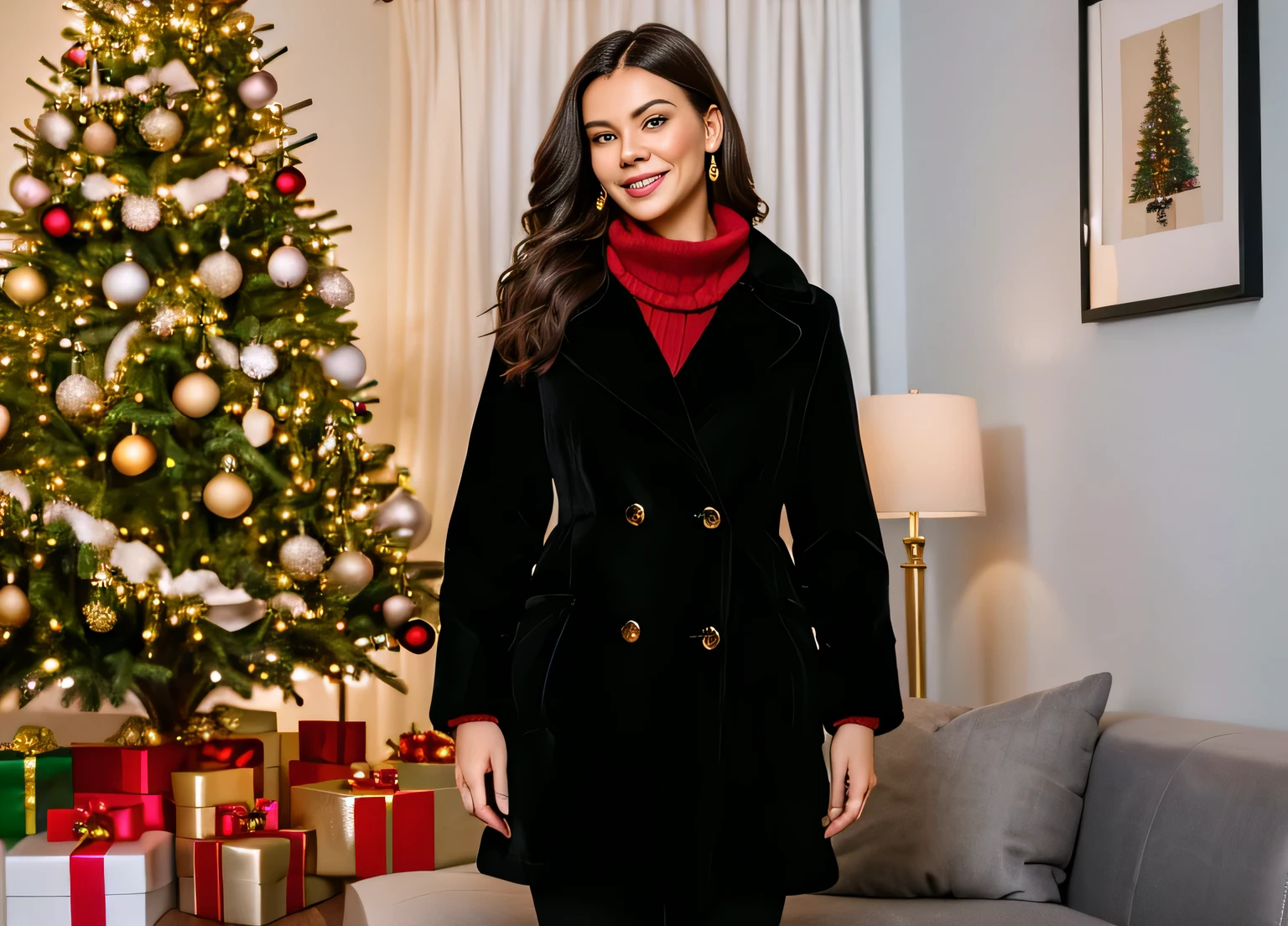 In the heart of a cozy living room, a beautiful 45-year-old woman stands next to a vibrant Christmas tree adorned with gold and red baubles, her black coat and black dress pants contrasting with the vibrant Christmas tree behind her. The room is warmly lit and decorated for the festive season. She is dressed in a festive red top that matches the Christmas spirit, paired with black pants. Her hand rests gently on her hip as she poses for the camera, radiating joy and warmth. Photo from the side, in the background, a comfortable red sofa invites you to relax, completing this picture of Christmas joy. The room has yellow walls. Wearing festive clothes. Fitness body. Woman in good physical shape, fitness woman, perfect face, perfect mouth.
Woman, ((Masterpiece, best quality)), full body view, detailed skin, highly detailed, cinematic lighting, ultra realistic, dark brown hair, medium hair, portrait, full body view, contrast, close-up, cinematic light, ultra-high resolution, RAW.
Woman with white skin and dark brown hair. She is around 40 years old, 165 cm tall and weighs 56 kg. She has a perfect mouth, a perfect face. Her body exudes glamor and her face is a definition of beauty. Slender body, thin waist. Highly realistic, hyperrealism, very elaborate skin, perfect face. Sharp Photo, High Resolution, High Quality, Masterpiece, 16K Photo, High Contrast, Masterpiece, Nude, Nude, NSFW.