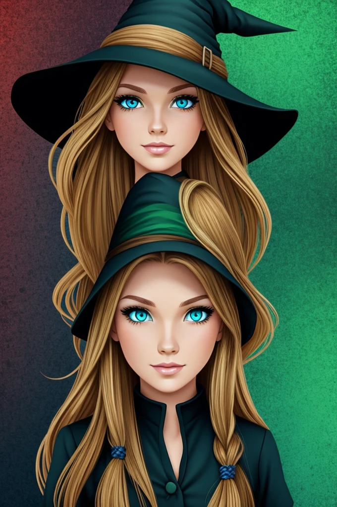 Cartoon witch with blonde-brown hair and blue-green eyes.