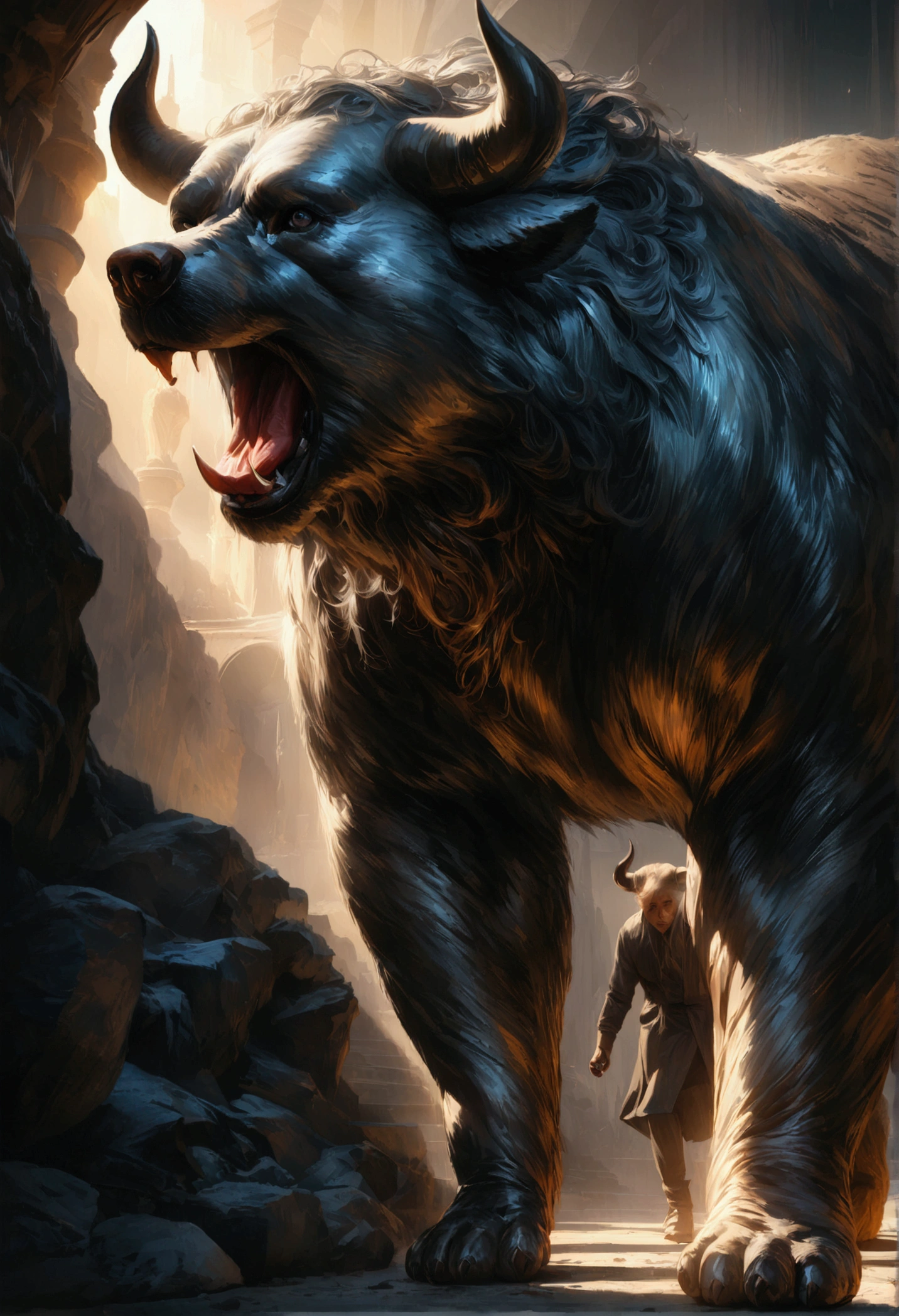 a bear and bull hybrid, surreal digital art, hyper detailed, 8k, ultra realistic, intricate details, highly detailed, photorealistic, cinematic lighting, dramatic lighting, dark moody colors, chiaroscuro, dramatic shadows, striking contrast, powerful, intense, impressive, epic, awe-inspiring, breathtaking, masterpiece, award-winning, studio quality