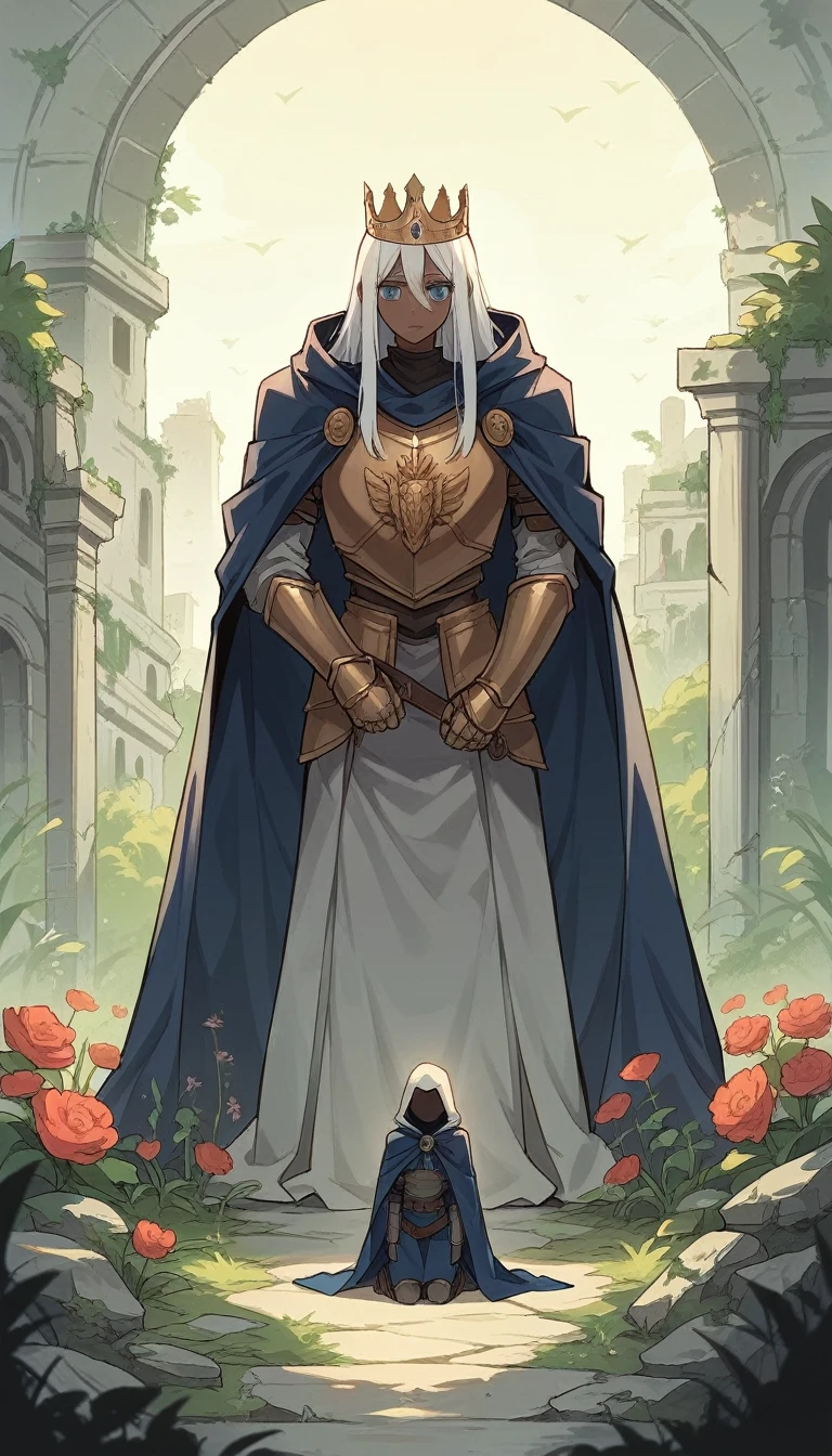 1Girl, Armor, Blue Eyes, nsfw, thicc, dark skin, Cape, Cape, Skirt, Flower, Hood, Kneel, Knight, Long Hair, Look Down, Side Lock, Solitary, White Hair, Masterpiece, Best Quality, Ruins, Nature, Sky, Looking at the Audience, Crown