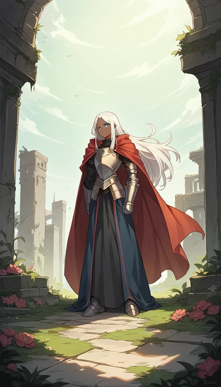 1Girl, Armor, Blue Eyes, nsfw, thicc, dark skin, Cape, Cape, Skirt, Flower, Hood, Kneel, Knight, Long Hair, Look Down, Side Lock, Solitary, White Hair, Masterpiece, Best Quality, Ruins, Nature, Sky, Looking at the Audience, Crown