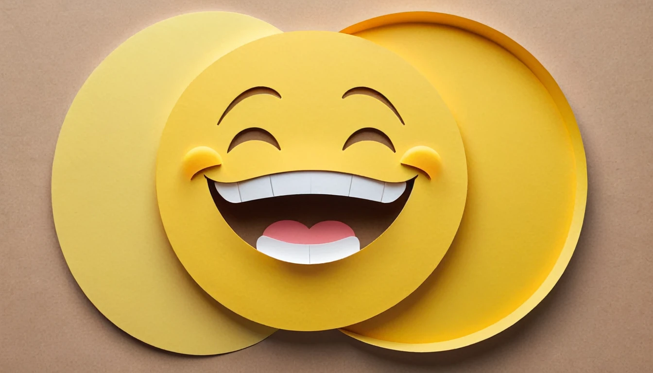 Flat paper cut style,contours,((laugh emoji)),laugh emoji,yellow colour,Clean cut,Paper,sharp-edged,Maximalism,Color blocking,((round form))