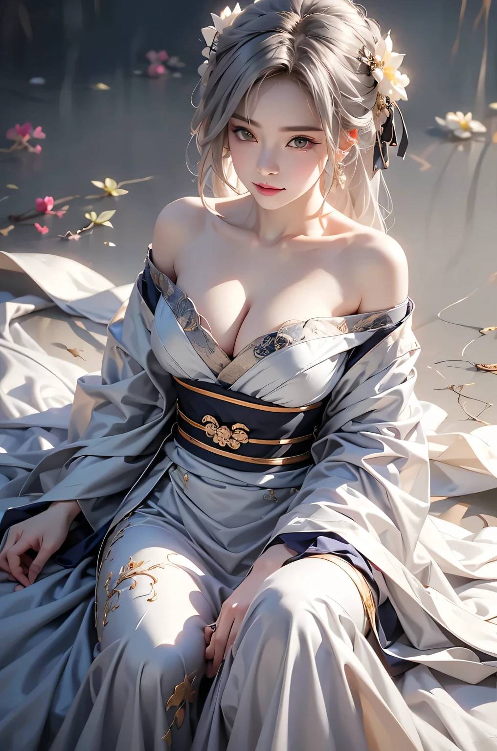 ((Above the knees image:1.3、stand))super high quality, masterpiece, Perfect illustration, Very detailed (Exquisite light and shadow, Very dramatic photo,Backlight) , ((Gray Hair:1.5))1 Girl,(( alone:1.6)), (Wearing Han clothes, Black Hanfu,Monotony,Long sleeve、Gorgeous costumes、Highly decorated Hanfu) Flower Field, Flowers, (White smoke:1.3) (Realistic:1.4), Zen Intertwining, Tangled, Official Art, unity 8k wallpaper, Very detailed, Beautiful and beautiful, masterpiece, Highest quality, (Dynamic Angle: 1.4), Glowing Skin, (Floating colorful flashes: 1) The most beautiful chaotic shapes, elegant, Brutalist Design, Bright colors, Romantic Depth of Field Exotic_dance, half_naked、Expose your shoulders、Ample breasts、Great cleavage、Dynamic pose、Backlight,
