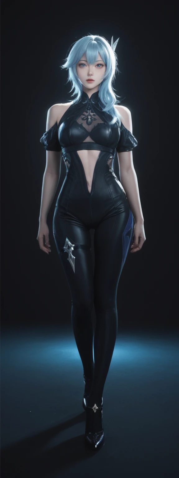 cinematic film, Realistic photograph,realistic, score_9, score_8_up, score_7_up, score_6_up,
 1girl, solo, from front, full body, Eula  \(genshin impact\), black background, makeup, sidelighting, backlighting, glowing, 